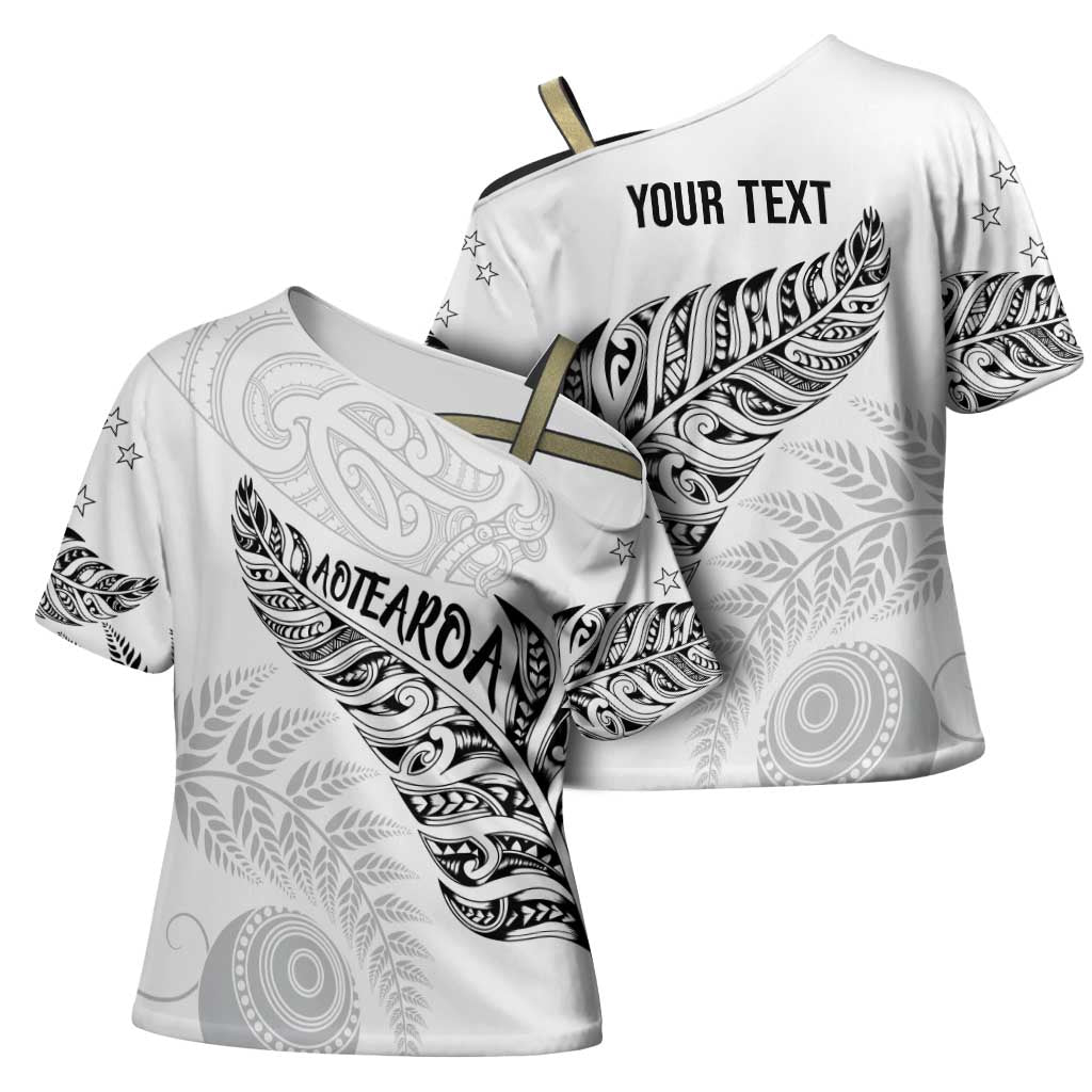 Aotearoa Personalized Lawn Bowls Maori Cross Shoulder Shirt New Zealand White Tribal Silver Fern - Polynesian Pride