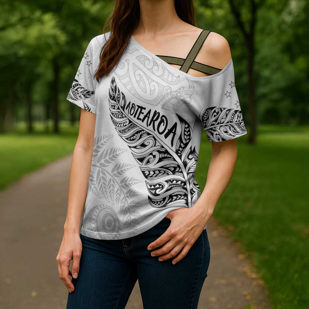 Aotearoa Personalized Lawn Bowls Maori Cross Shoulder Shirt New Zealand White Tribal Silver Fern - Polynesian Pride