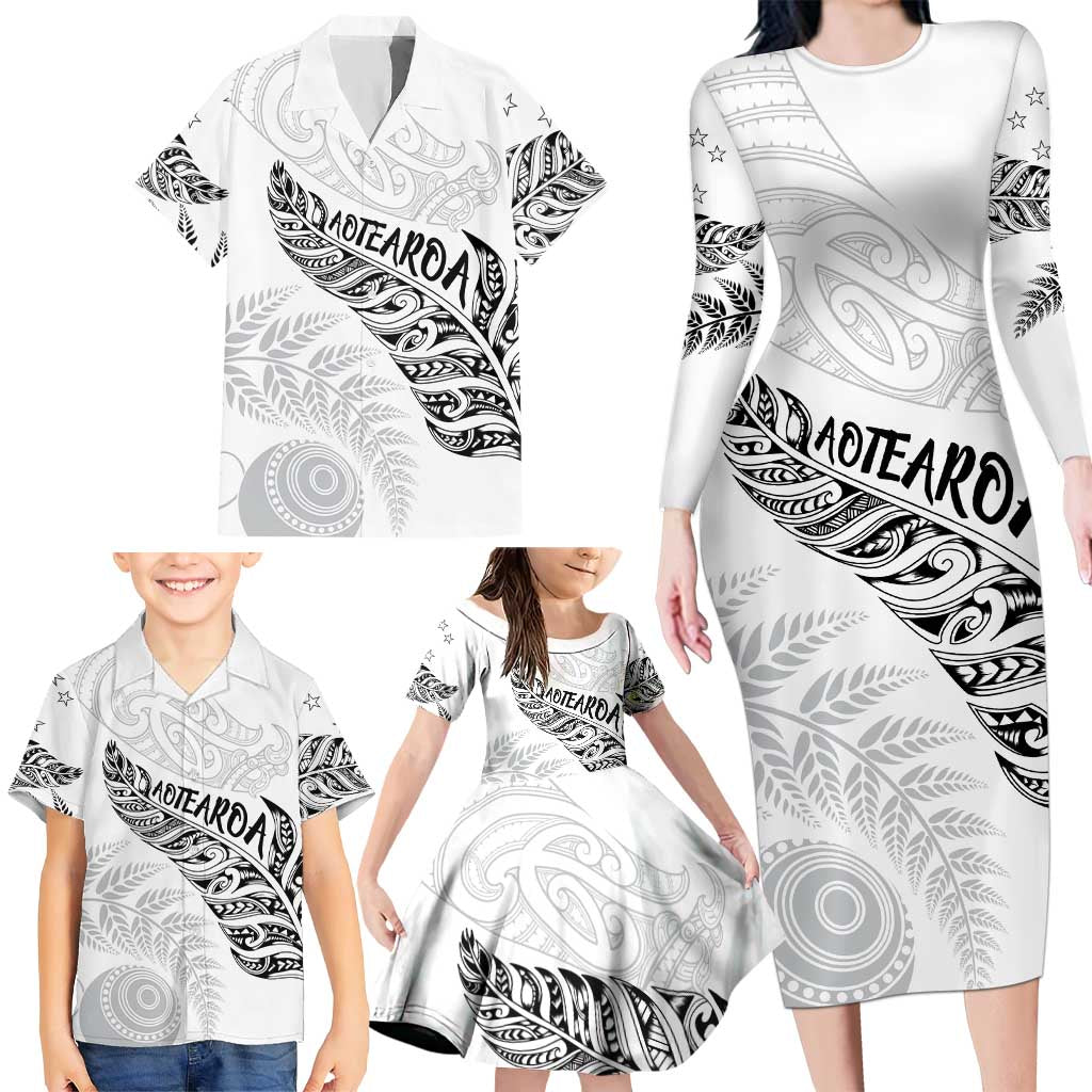 Aotearoa Personalized Lawn Bowls Maori Family Matching Long Sleeve Bodycon Dress and Hawaiian Shirt New Zealand White Tribal Silver Fern LT7 - Polynesian Pride