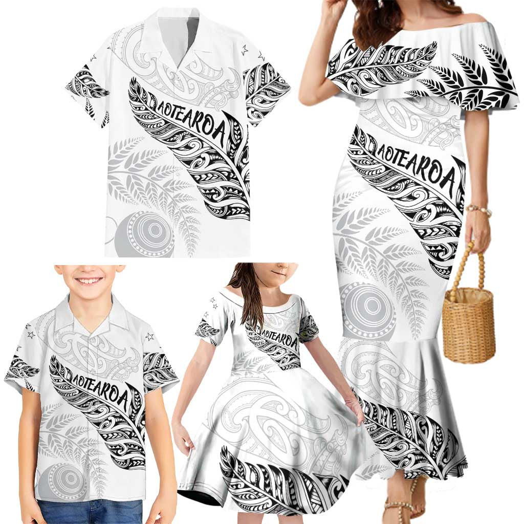 Aotearoa Personalized Lawn Bowls Maori Family Matching Mermaid Dress and Hawaiian Shirt New Zealand White Tribal Silver Fern LT7 - Polynesian Pride
