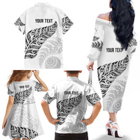 Aotearoa Personalized Lawn Bowls Maori Family Matching Off The Shoulder Long Sleeve Dress and Hawaiian Shirt New Zealand White Tribal Silver Fern LT7 - Polynesian Pride