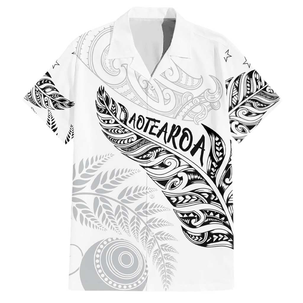 Aotearoa Personalized Lawn Bowls Maori Family Matching Off Shoulder Maxi Dress and Hawaiian Shirt New Zealand White Tribal Silver Fern LT7 Dad's Shirt - Short Sleeve White - Polynesian Pride
