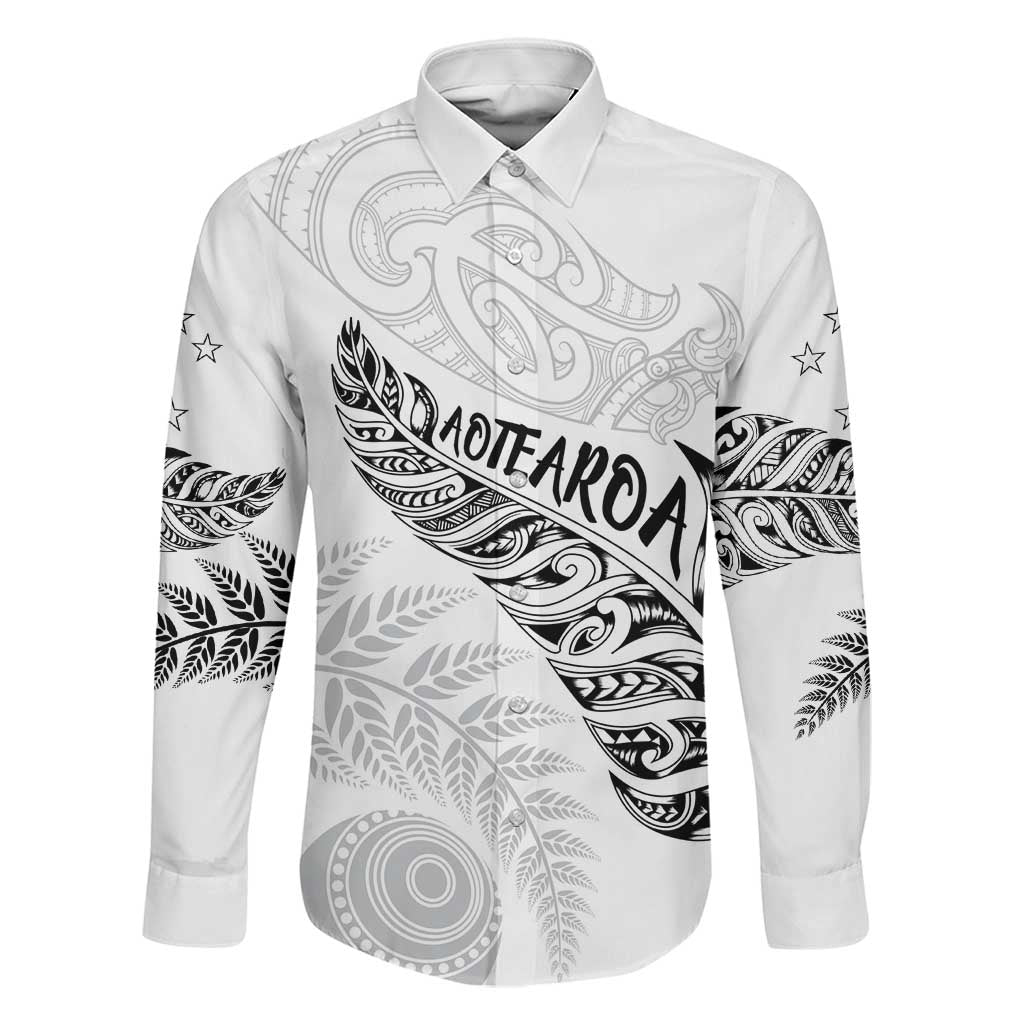 Aotearoa Personalized Lawn Bowls Maori Family Matching Off Shoulder Maxi Dress and Hawaiian Shirt New Zealand White Tribal Silver Fern LT7 Dad's Shirt - Long Sleeve White - Polynesian Pride