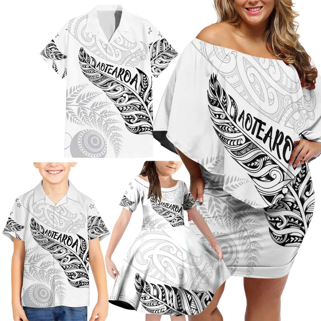 Aotearoa Personalized Lawn Bowls Maori Family Matching Off Shoulder Short Dress and Hawaiian Shirt New Zealand White Tribal Silver Fern LT7 - Polynesian Pride