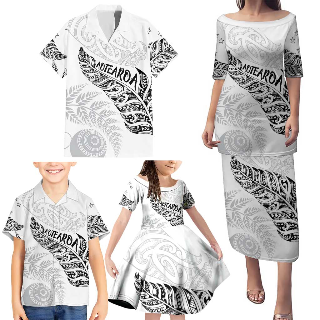 Aotearoa Personalized Lawn Bowls Maori Family Matching Puletasi and Hawaiian Shirt New Zealand White Tribal Silver Fern LT7 - Polynesian Pride