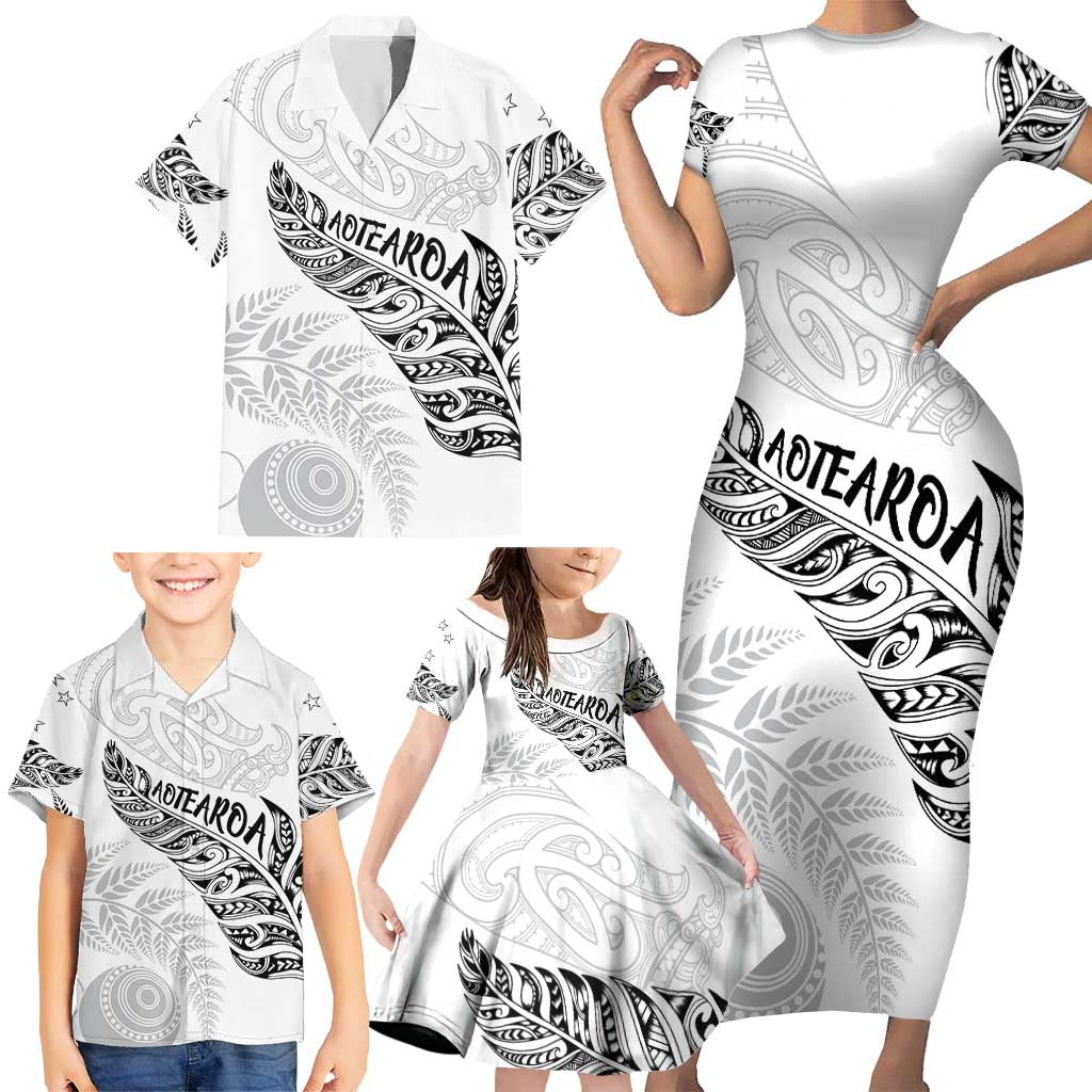Aotearoa Personalized Lawn Bowls Maori Family Matching Short Sleeve Bodycon Dress and Hawaiian Shirt New Zealand White Tribal Silver Fern - Polynesian Pride