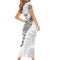 Aotearoa Personalized Lawn Bowls Maori Family Matching Short Sleeve Bodycon Dress and Hawaiian Shirt New Zealand White Tribal Silver Fern LT7 - Polynesian Pride