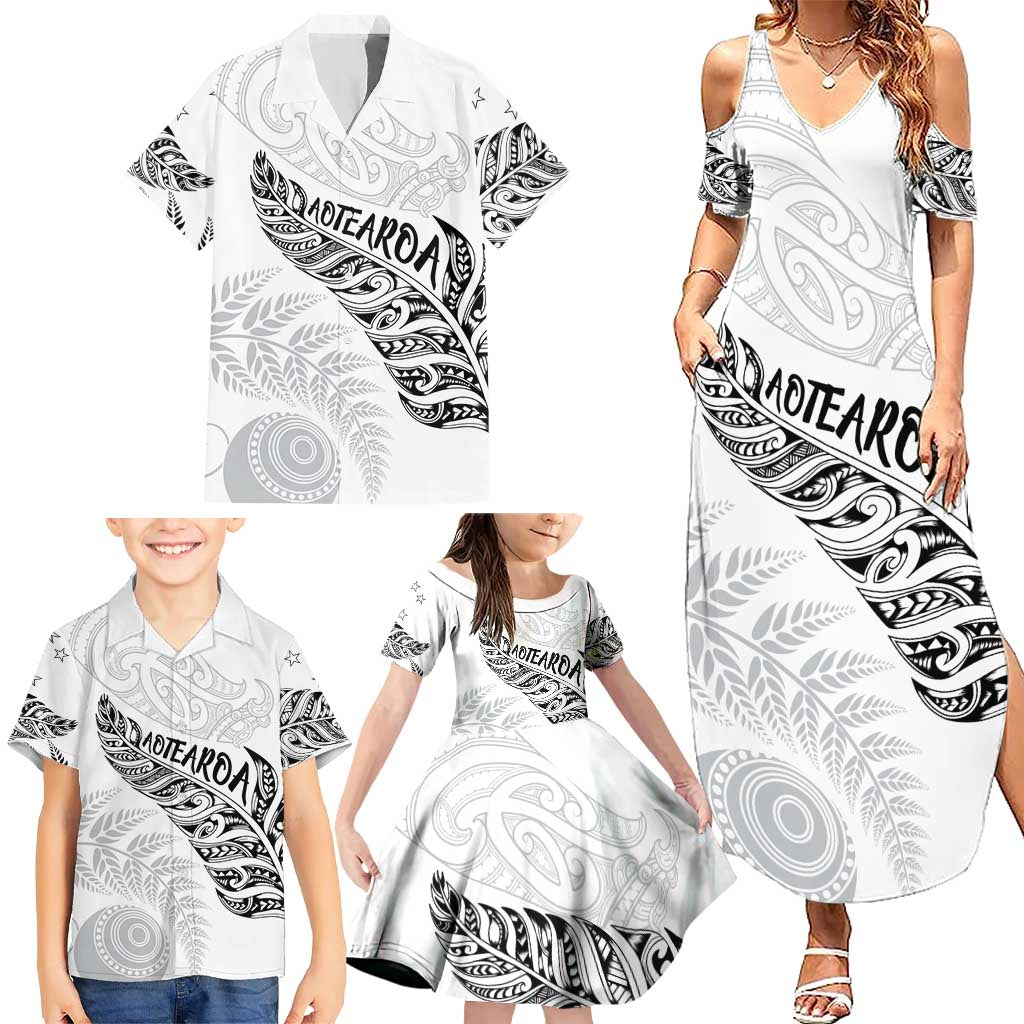 Aotearoa Personalized Lawn Bowls Maori Family Matching Summer Maxi Dress and Hawaiian Shirt New Zealand White Tribal Silver Fern LT7 - Polynesian Pride