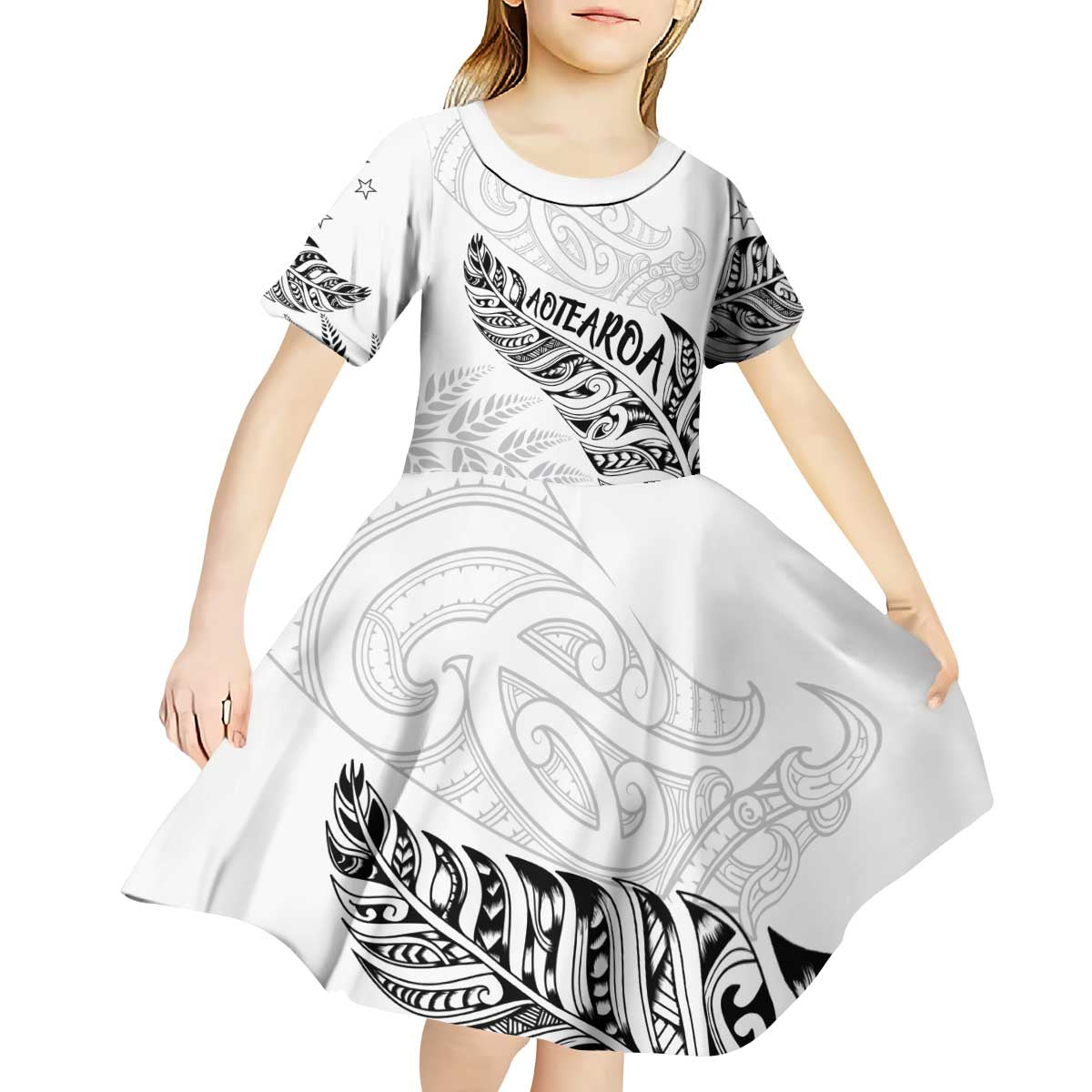 Aotearoa Personalized Lawn Bowls Maori Kid Short Sleeve Dress New Zealand White Tribal Silver Fern - Polynesian Pride