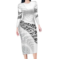 Aotearoa Personalized Lawn Bowls Maori Long Sleeve Bodycon Dress New Zealand White Tribal Silver Fern LT7 Long Dress White - Polynesian Pride