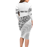 Aotearoa Personalized Lawn Bowls Maori Long Sleeve Bodycon Dress New Zealand White Tribal Silver Fern LT7 - Polynesian Pride