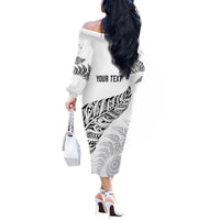 Aotearoa Personalized Lawn Bowls Maori Off The Shoulder Long Sleeve Dress New Zealand White Tribal Silver Fern LT7 - Polynesian Pride