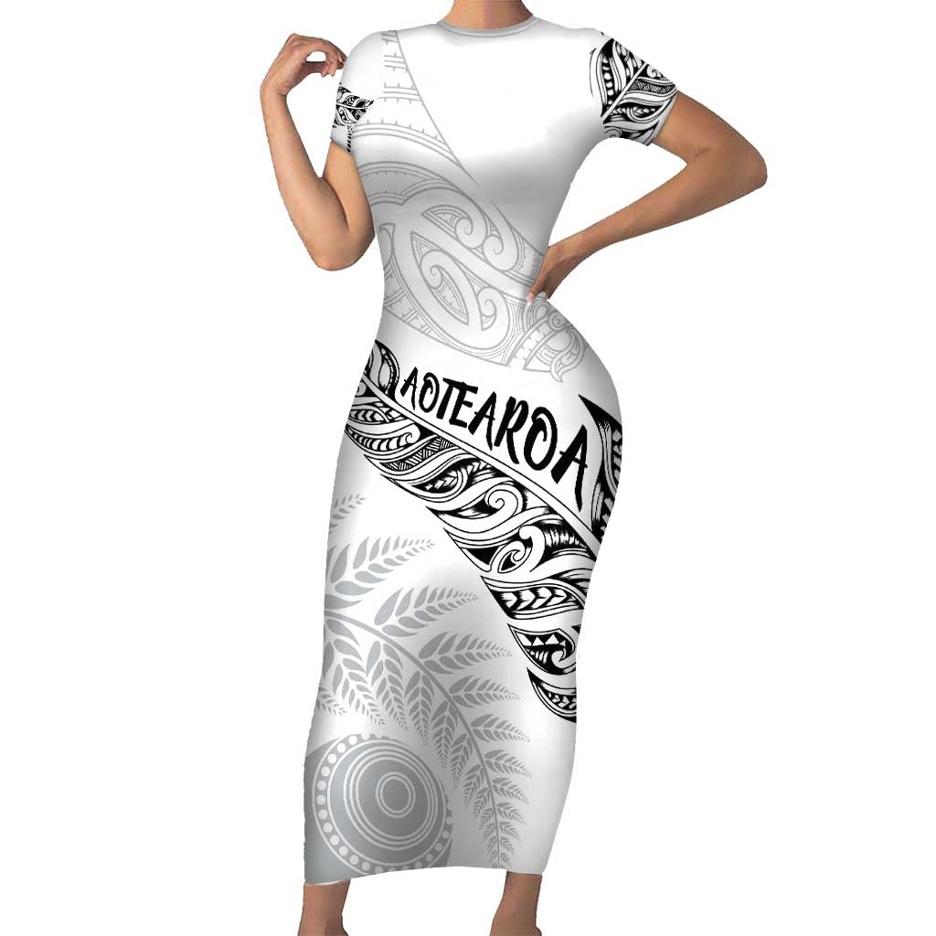 Aotearoa Personalized Lawn Bowls Maori Short Sleeve Bodycon Dress New Zealand White Tribal Silver Fern - Polynesian Pride