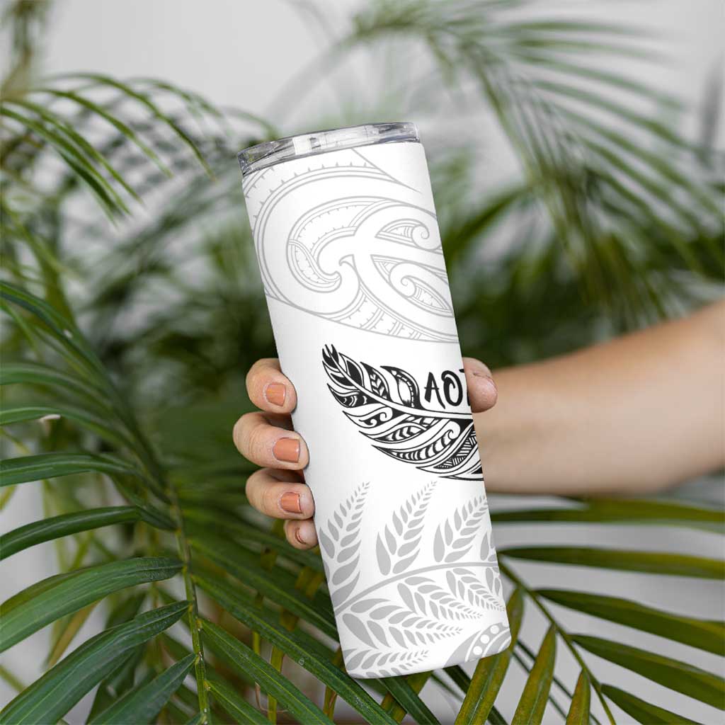 Aotearoa Personalized Lawn Bowls Maori Skinny Tumbler New Zealand White Tribal Silver Fern LT7 - Polynesian Pride