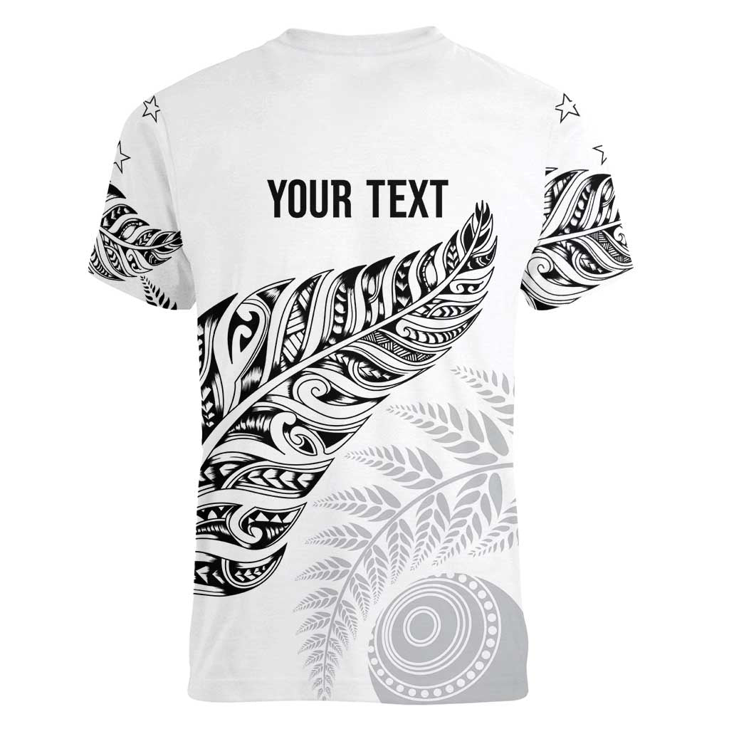Aotearoa Personalized Lawn Bowls Maori Women V-Neck T-Shirt New Zealand White Tribal Silver Fern LT7 - Polynesian Pride