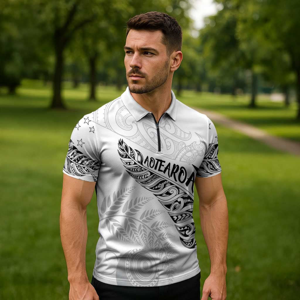 Aotearoa Personalized Lawn Bowls Maori Zipper Polo Shirt New Zealand White Tribal Silver Fern - Polynesian Pride