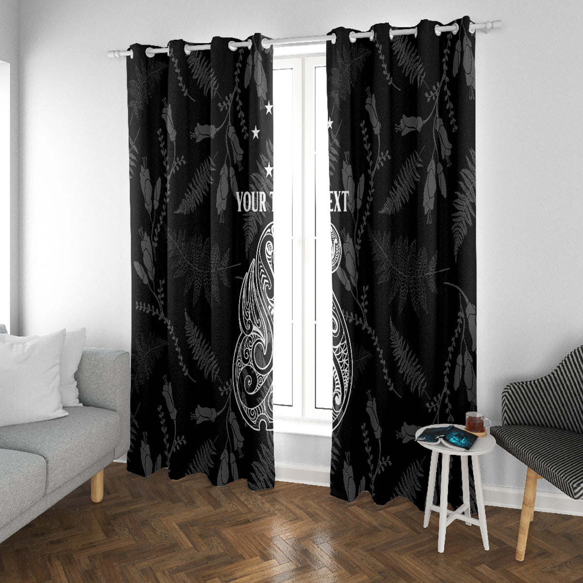 Personalised Maori Waitangi Window Curtain New Zealand Silver Fern Mix Kowhai Flowers LT7 With Grommets Black - Polynesian Pride