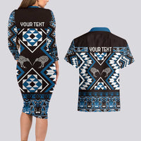 Personalised Taniko Motifs Aotearoa Couples Matching Long Sleeve Bodycon Dress and Hawaiian Shirt Waitangi Kowhaiwhai Kiwi - Blue LT7 - Polynesian Pride