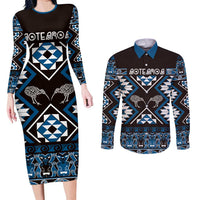 Personalised Taniko Motifs Aotearoa Couples Matching Long Sleeve Bodycon Dress and Long Sleeve Button Shirt Waitangi Kowhaiwhai Kiwi - Blue LT7 Blue - Polynesian Pride