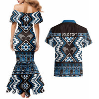 Personalised Taniko Motifs Aotearoa Couples Matching Mermaid Dress and Hawaiian Shirt Waitangi Kowhaiwhai Kiwi - Blue LT7 - Polynesian Pride