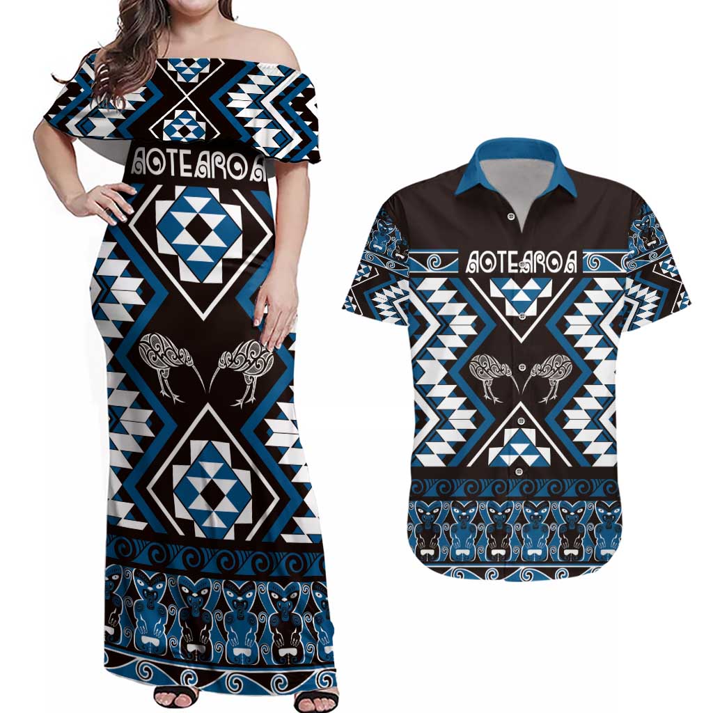 Personalised Taniko Motifs Aotearoa Couples Matching Off Shoulder Maxi Dress and Hawaiian Shirt Waitangi Kowhaiwhai Kiwi - Blue LT7 Blue - Polynesian Pride
