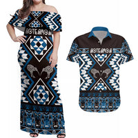 Personalised Taniko Motifs Aotearoa Couples Matching Off Shoulder Maxi Dress and Hawaiian Shirt Waitangi Kowhaiwhai Kiwi - Blue LT7 Blue - Polynesian Pride