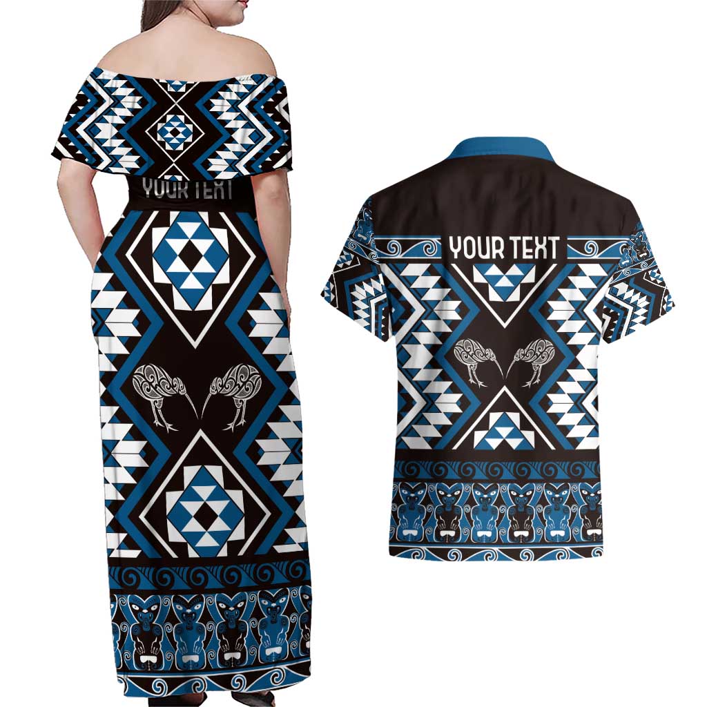 Personalised Taniko Motifs Aotearoa Couples Matching Off Shoulder Maxi Dress and Hawaiian Shirt Waitangi Kowhaiwhai Kiwi - Blue LT7 - Polynesian Pride