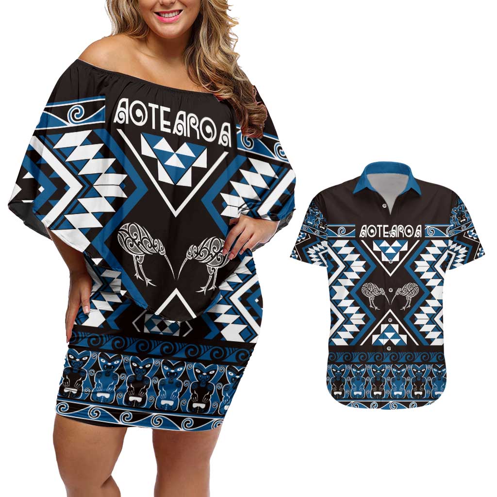 Personalised Taniko Motifs Aotearoa Couples Matching Off Shoulder Short Dress and Hawaiian Shirt Waitangi Kowhaiwhai Kiwi - Blue LT7 Blue - Polynesian Pride