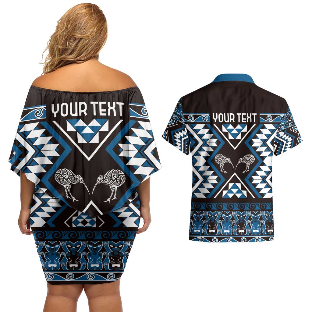 Personalised Taniko Motifs Aotearoa Couples Matching Off Shoulder Short Dress and Hawaiian Shirt Waitangi Kowhaiwhai Kiwi - Blue LT7 - Polynesian Pride