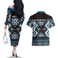 Personalised Taniko Motifs Aotearoa Couples Matching Off The Shoulder Long Sleeve Dress and Hawaiian Shirt Waitangi Kowhaiwhai Kiwi - Blue LT7 - Polynesian Pride