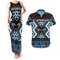 Personalised Taniko Motifs Aotearoa Couples Matching Tank Maxi Dress and Hawaiian Shirt Waitangi Kowhaiwhai Kiwi - Blue LT7 Blue - Polynesian Pride
