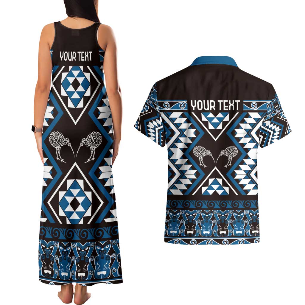 Personalised Taniko Motifs Aotearoa Couples Matching Tank Maxi Dress and Hawaiian Shirt Waitangi Kowhaiwhai Kiwi - Blue LT7 - Polynesian Pride