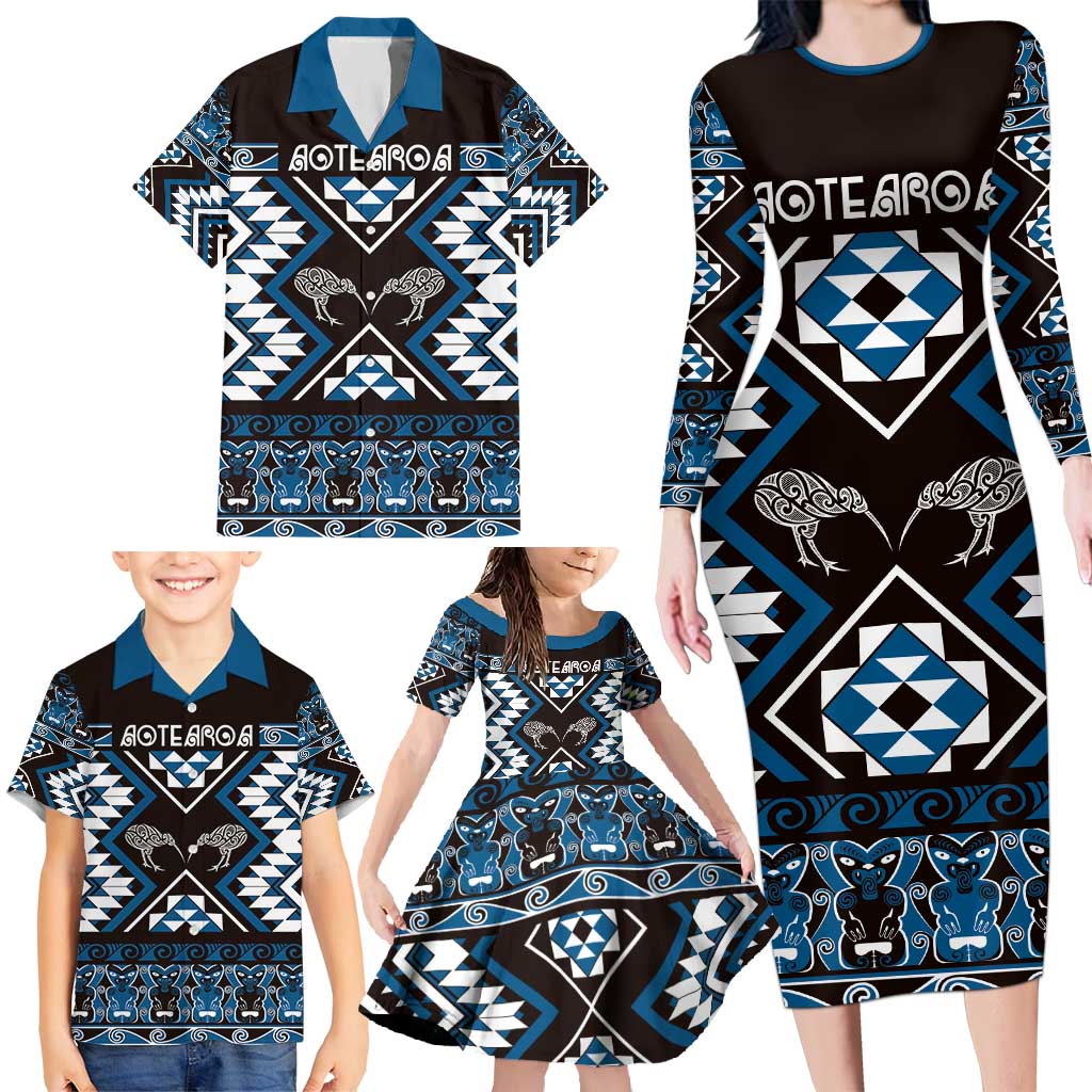 Personalised Taniko Motifs Aotearoa Family Matching Long Sleeve Bodycon Dress and Hawaiian Shirt Waitangi Kowhaiwhai Kiwi - Blue LT7 - Polynesian Pride