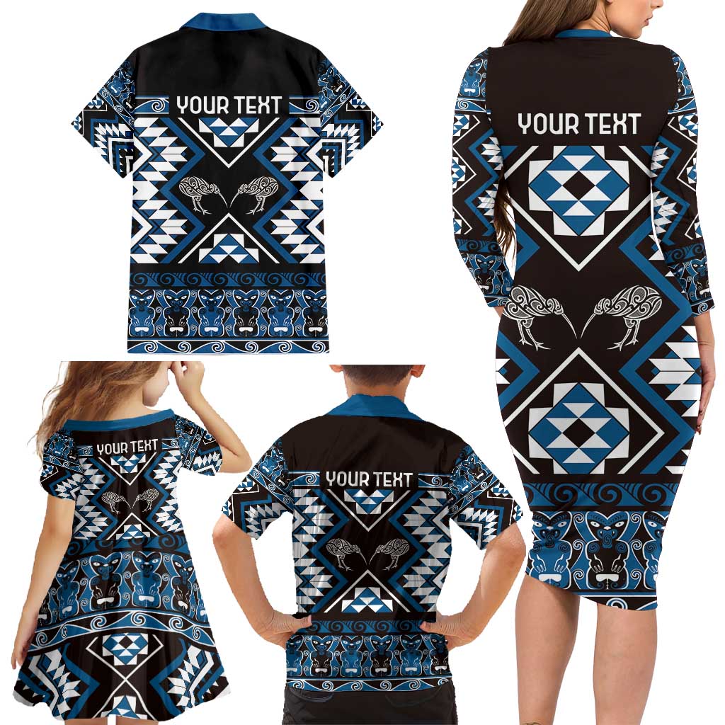 Personalised Taniko Motifs Aotearoa Family Matching Long Sleeve Bodycon Dress and Hawaiian Shirt Waitangi Kowhaiwhai Kiwi - Blue LT7 - Polynesian Pride