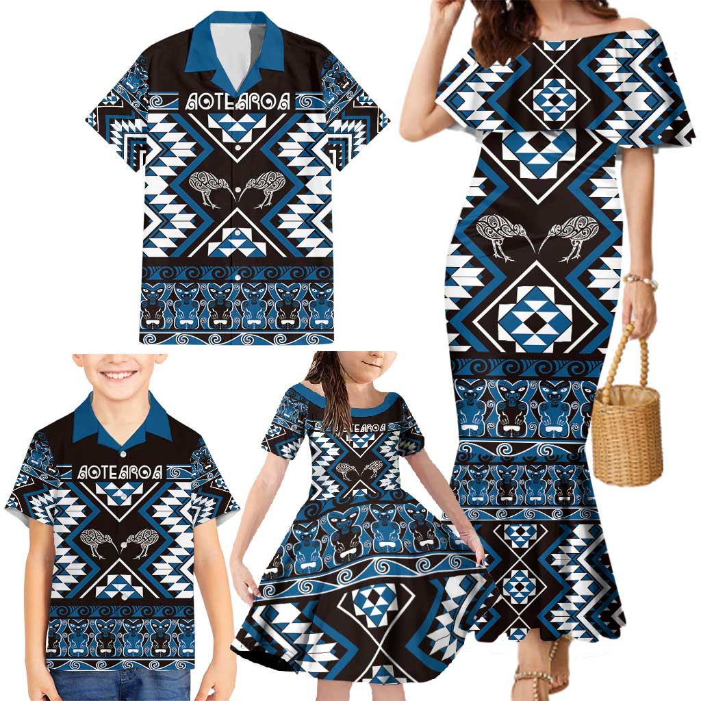 Personalised Taniko Motifs Aotearoa Family Matching Mermaid Dress and Hawaiian Shirt Waitangi Kowhaiwhai Kiwi - Blue LT7 - Polynesian Pride