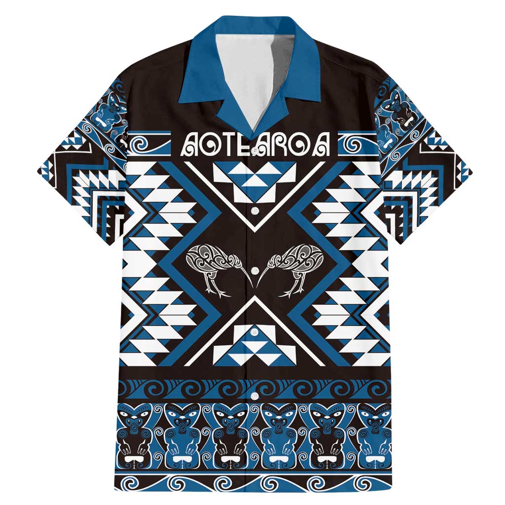 Personalised Taniko Motifs Aotearoa Family Matching Mermaid Dress and Hawaiian Shirt Waitangi Kowhaiwhai Kiwi - Blue LT7 Dad's Shirt - Short Sleeve Blue - Polynesian Pride