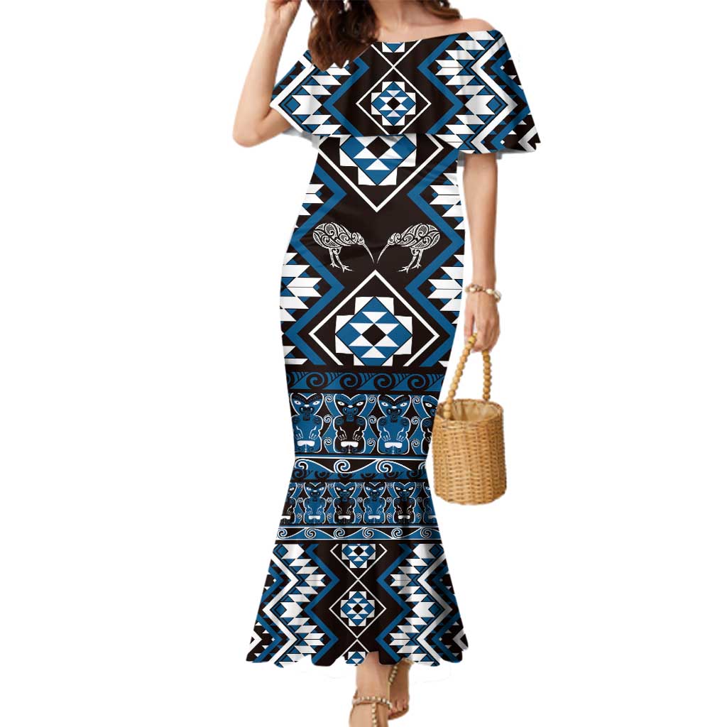 Personalised Taniko Motifs Aotearoa Family Matching Mermaid Dress and Hawaiian Shirt Waitangi Kowhaiwhai Kiwi - Blue LT7 Mom's Dress Blue - Polynesian Pride