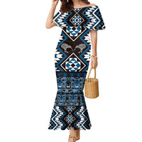 Personalised Taniko Motifs Aotearoa Family Matching Mermaid Dress and Hawaiian Shirt Waitangi Kowhaiwhai Kiwi - Blue LT7 Mom's Dress Blue - Polynesian Pride