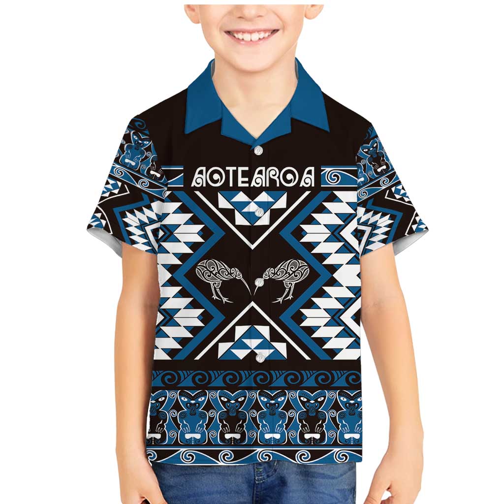 Personalised Taniko Motifs Aotearoa Family Matching Mermaid Dress and Hawaiian Shirt Waitangi Kowhaiwhai Kiwi - Blue LT7 Son's Shirt Blue - Polynesian Pride