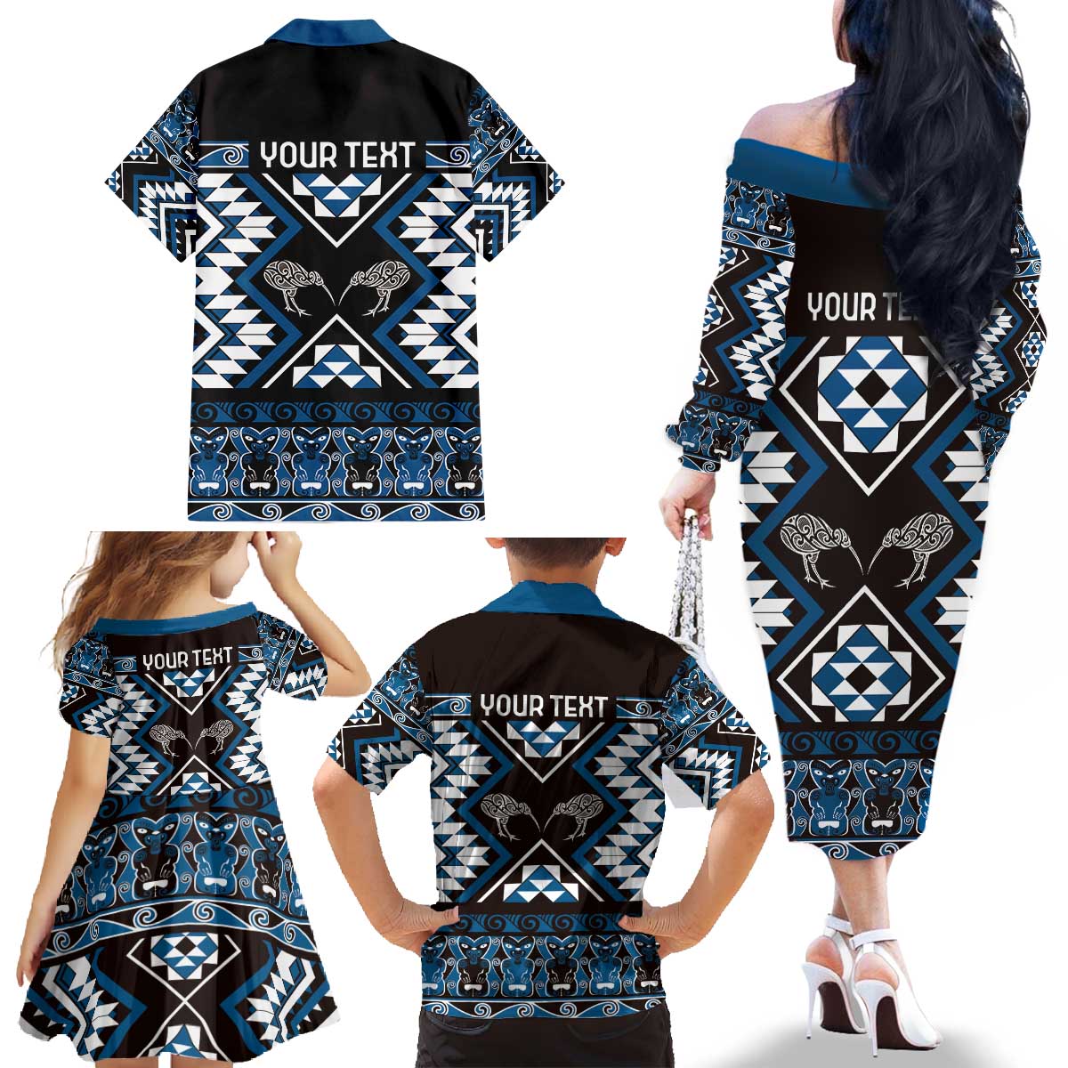 Personalised Taniko Motifs Aotearoa Family Matching Off The Shoulder Long Sleeve Dress and Hawaiian Shirt Waitangi Kowhaiwhai Kiwi - Blue LT7 - Polynesian Pride