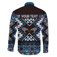 Personalised Taniko Motifs Aotearoa Family Matching Off The Shoulder Long Sleeve Dress and Hawaiian Shirt Waitangi Kowhaiwhai Kiwi - Blue LT7 - Polynesian Pride