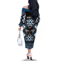 Personalised Taniko Motifs Aotearoa Family Matching Off The Shoulder Long Sleeve Dress and Hawaiian Shirt Waitangi Kowhaiwhai Kiwi - Blue LT7 - Polynesian Pride