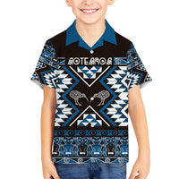 Personalised Taniko Motifs Aotearoa Family Matching Off The Shoulder Long Sleeve Dress and Hawaiian Shirt Waitangi Kowhaiwhai Kiwi - Blue LT7 Son's Shirt Blue - Polynesian Pride