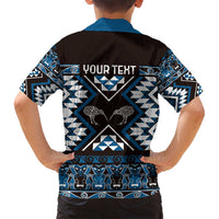 Personalised Taniko Motifs Aotearoa Family Matching Off Shoulder Maxi Dress and Hawaiian Shirt Waitangi Kowhaiwhai Kiwi - Blue LT7 - Polynesian Pride