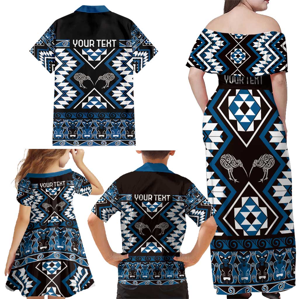 Personalised Taniko Motifs Aotearoa Family Matching Off Shoulder Maxi Dress and Hawaiian Shirt Waitangi Kowhaiwhai Kiwi - Blue LT7 - Polynesian Pride