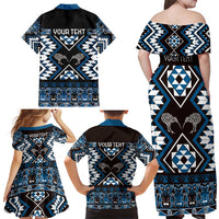Personalised Taniko Motifs Aotearoa Family Matching Off Shoulder Maxi Dress and Hawaiian Shirt Waitangi Kowhaiwhai Kiwi - Blue LT7 - Polynesian Pride