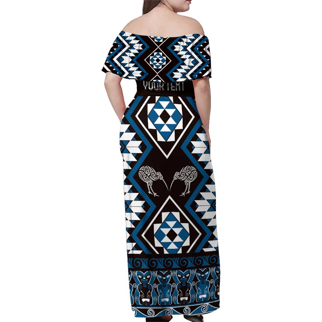 Personalised Taniko Motifs Aotearoa Family Matching Off Shoulder Maxi Dress and Hawaiian Shirt Waitangi Kowhaiwhai Kiwi - Blue LT7 - Polynesian Pride