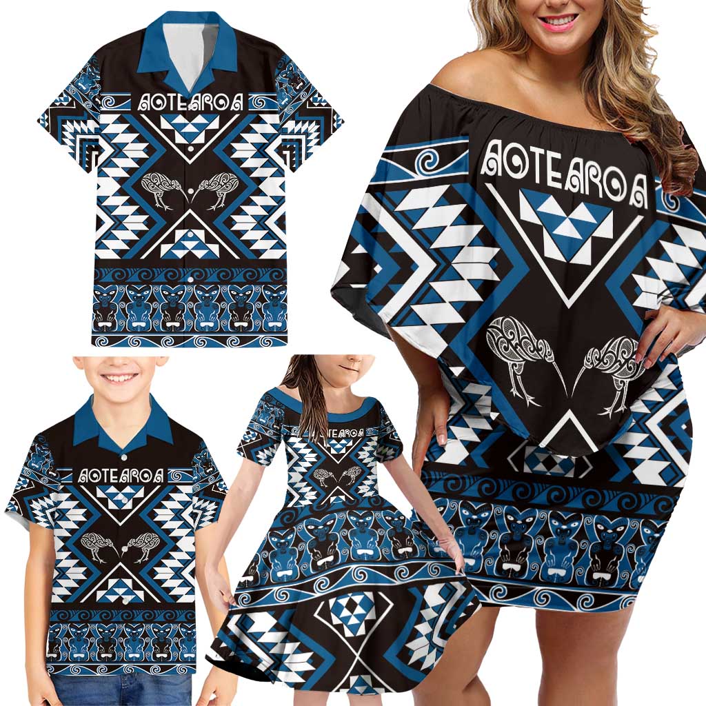 Personalised Taniko Motifs Aotearoa Family Matching Off Shoulder Short Dress and Hawaiian Shirt Waitangi Kowhaiwhai Kiwi - Blue LT7 - Polynesian Pride