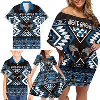 Personalised Taniko Motifs Aotearoa Family Matching Off Shoulder Short Dress and Hawaiian Shirt Waitangi Kowhaiwhai Kiwi - Blue LT7 - Polynesian Pride
