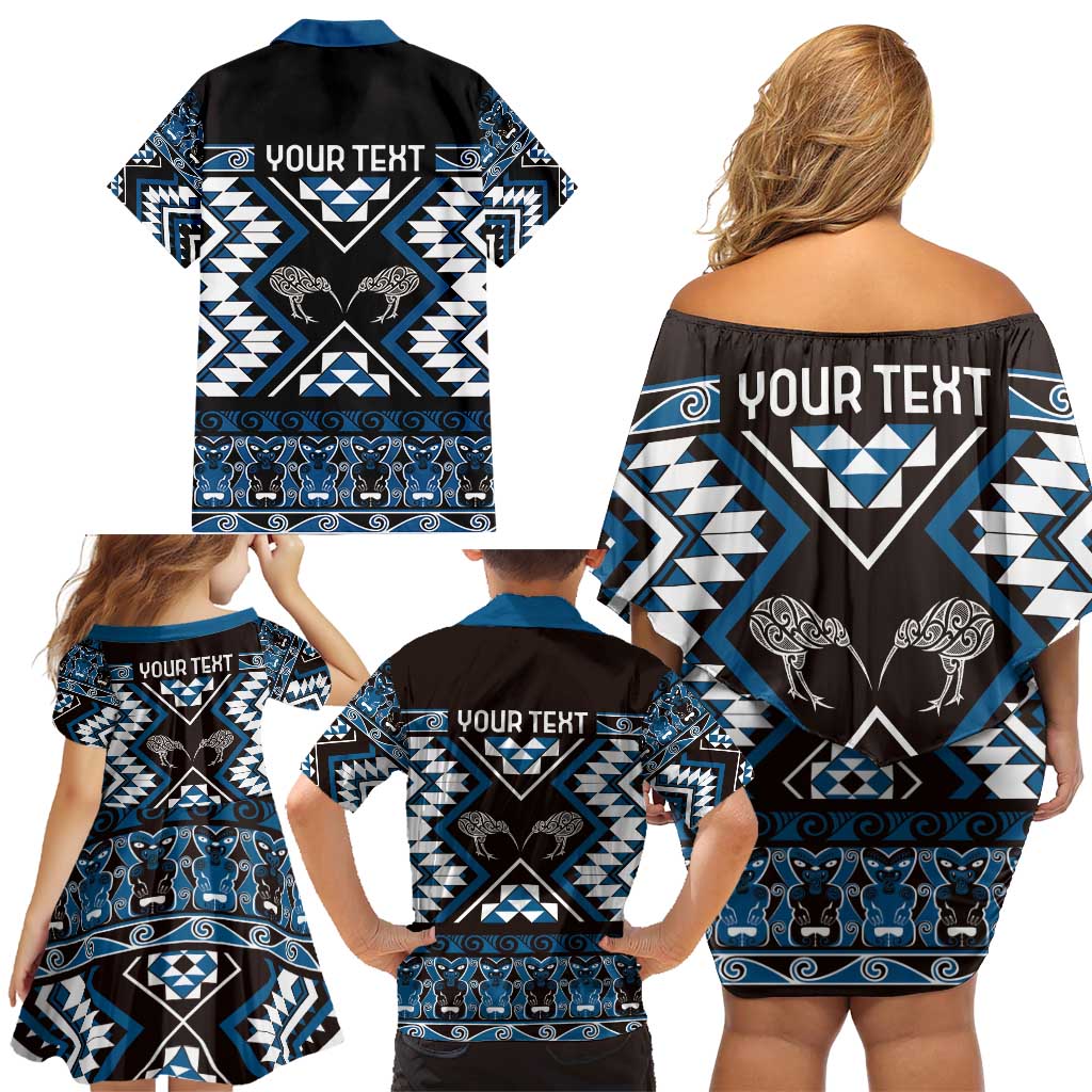 Personalised Taniko Motifs Aotearoa Family Matching Off Shoulder Short Dress and Hawaiian Shirt Waitangi Kowhaiwhai Kiwi - Blue LT7 - Polynesian Pride